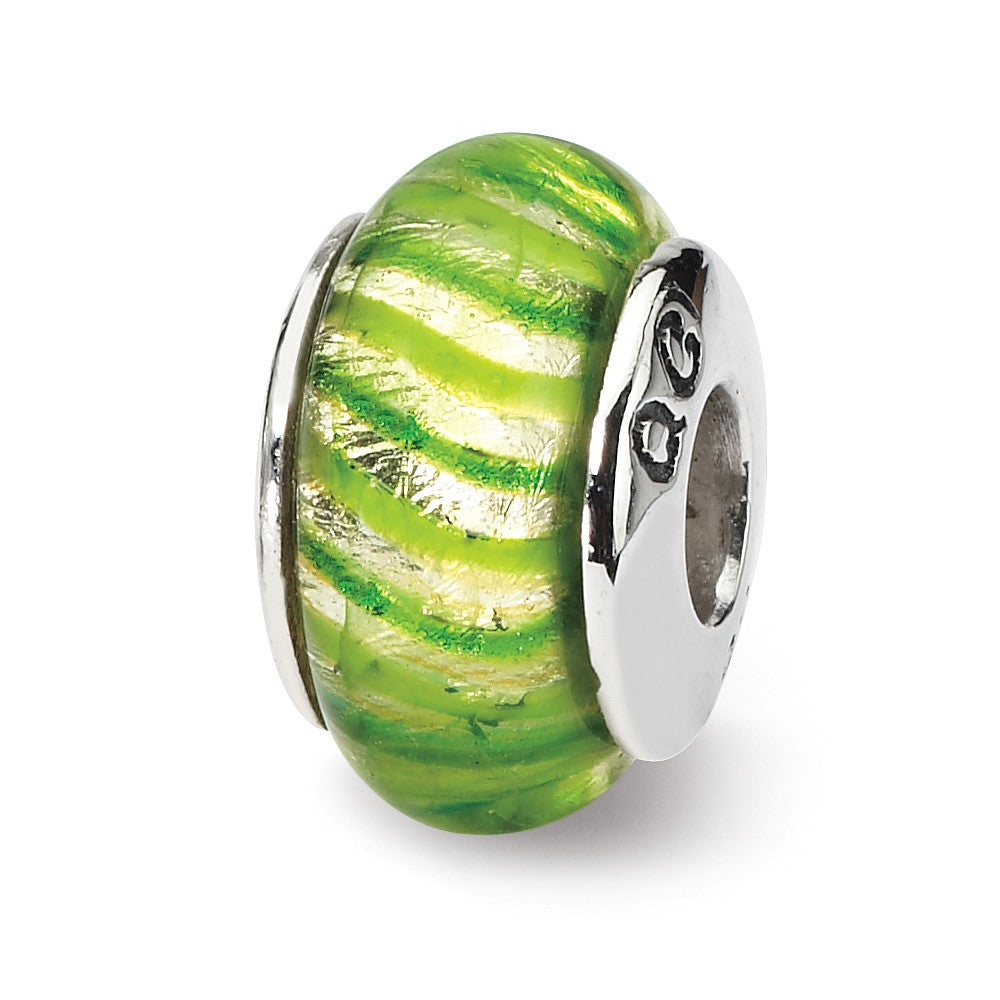 Green Striped Glass Sterling Silver Bead Charm, Item B9147 by The Black Bow Jewelry Co.