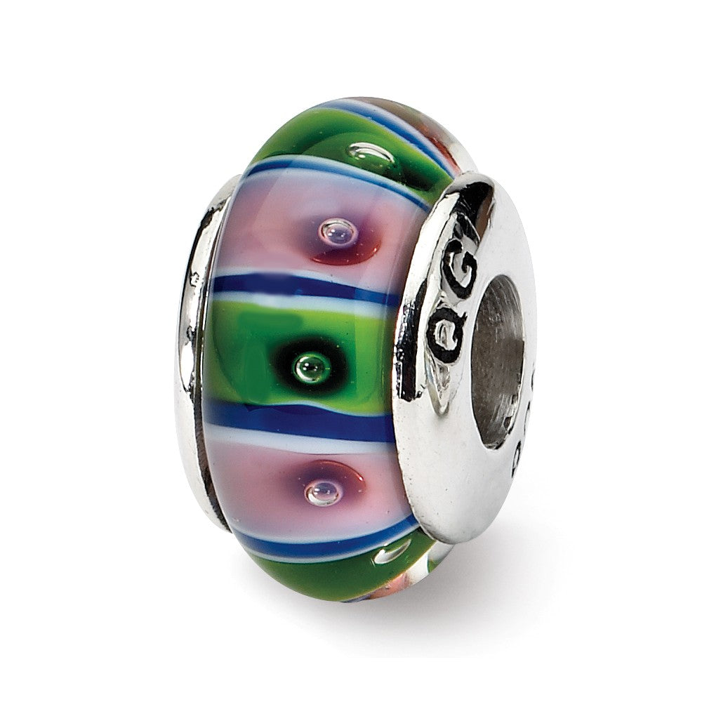 Glass and Sterling Silver Green &amp; Pink Striped Bead Charm, 13.25mm, Item B9151 by The Black Bow Jewelry Co.
