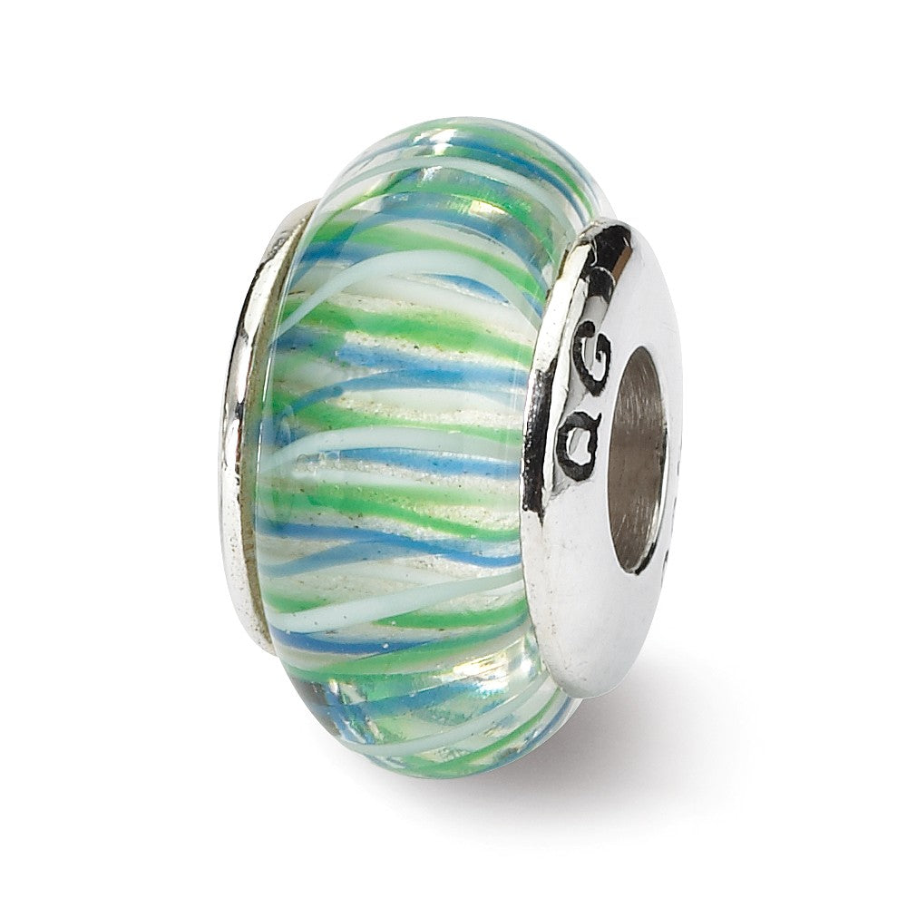 Glass and Sterling Silver Blue &amp; Green Striped Bead Charm, 13.25mm, Item B9177 by The Black Bow Jewelry Co.