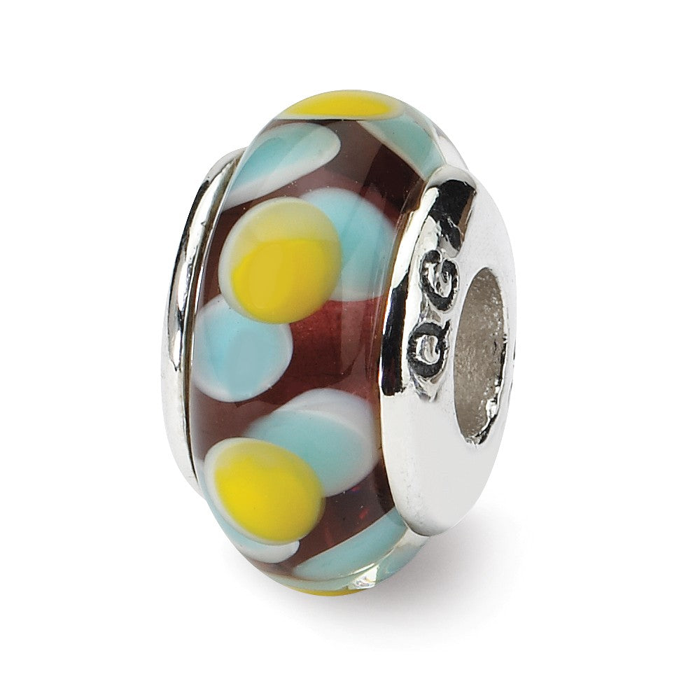 Glass and Sterling Silver Brown, Blue &amp; Yellow Bead Charm, 13.25mm, Item B9182 by The Black Bow Jewelry Co.