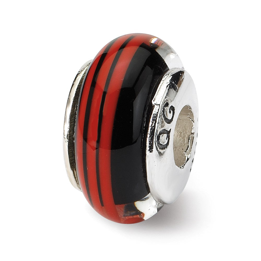 Black &amp; Red Striped Glass Sterling Silver Bead Charm, Item B9200 by The Black Bow Jewelry Co.