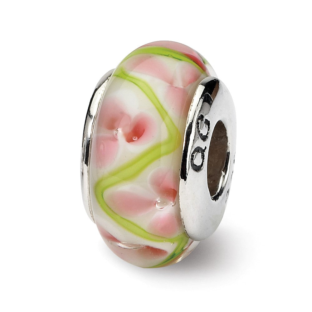 Pink &amp; Green Floral Glass Sterling Silver Bead Charm, Item B9212 by The Black Bow Jewelry Co.