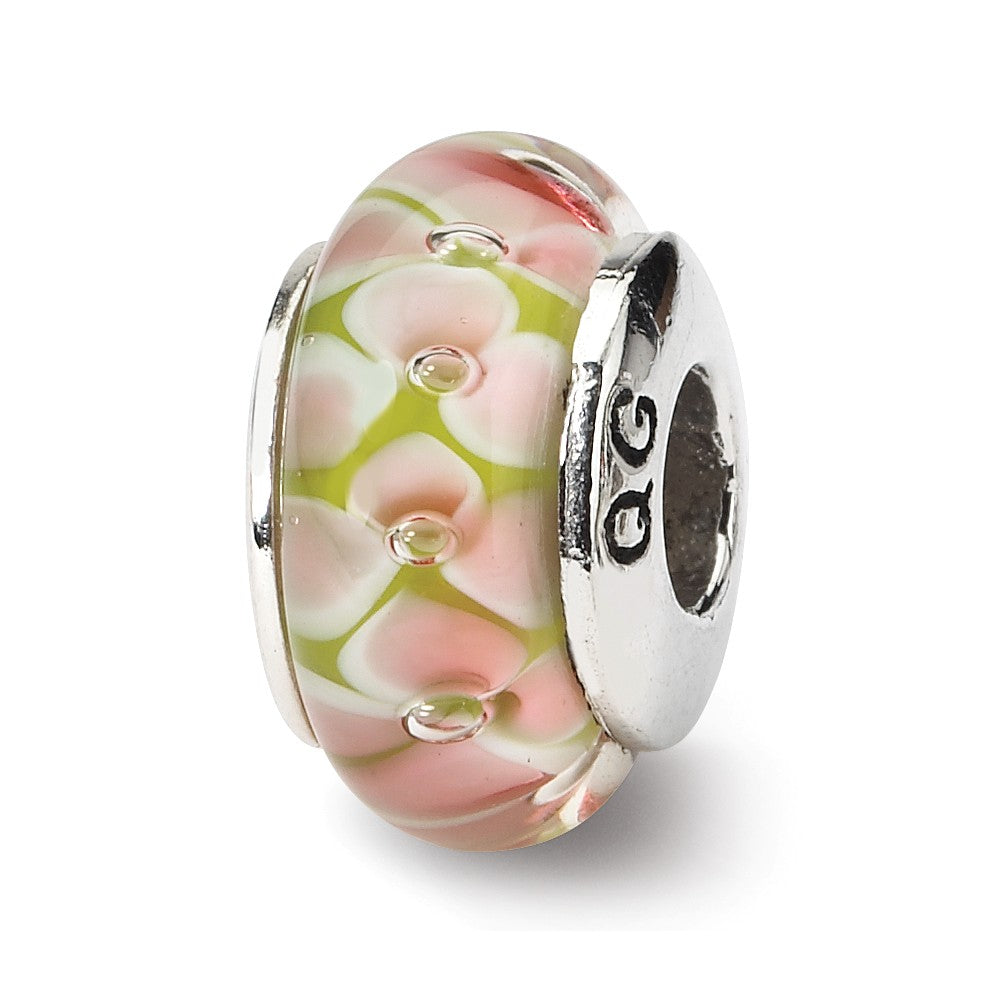 Pink Floral Glass Sterling Silver Bead Charm, Item B9217 by The Black Bow Jewelry Co.