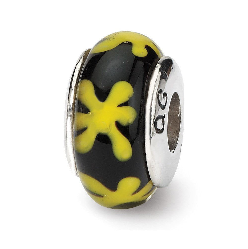 Black &amp; Yellow Floral Glass Sterling Silver Bead Charm, Item B9228 by The Black Bow Jewelry Co.