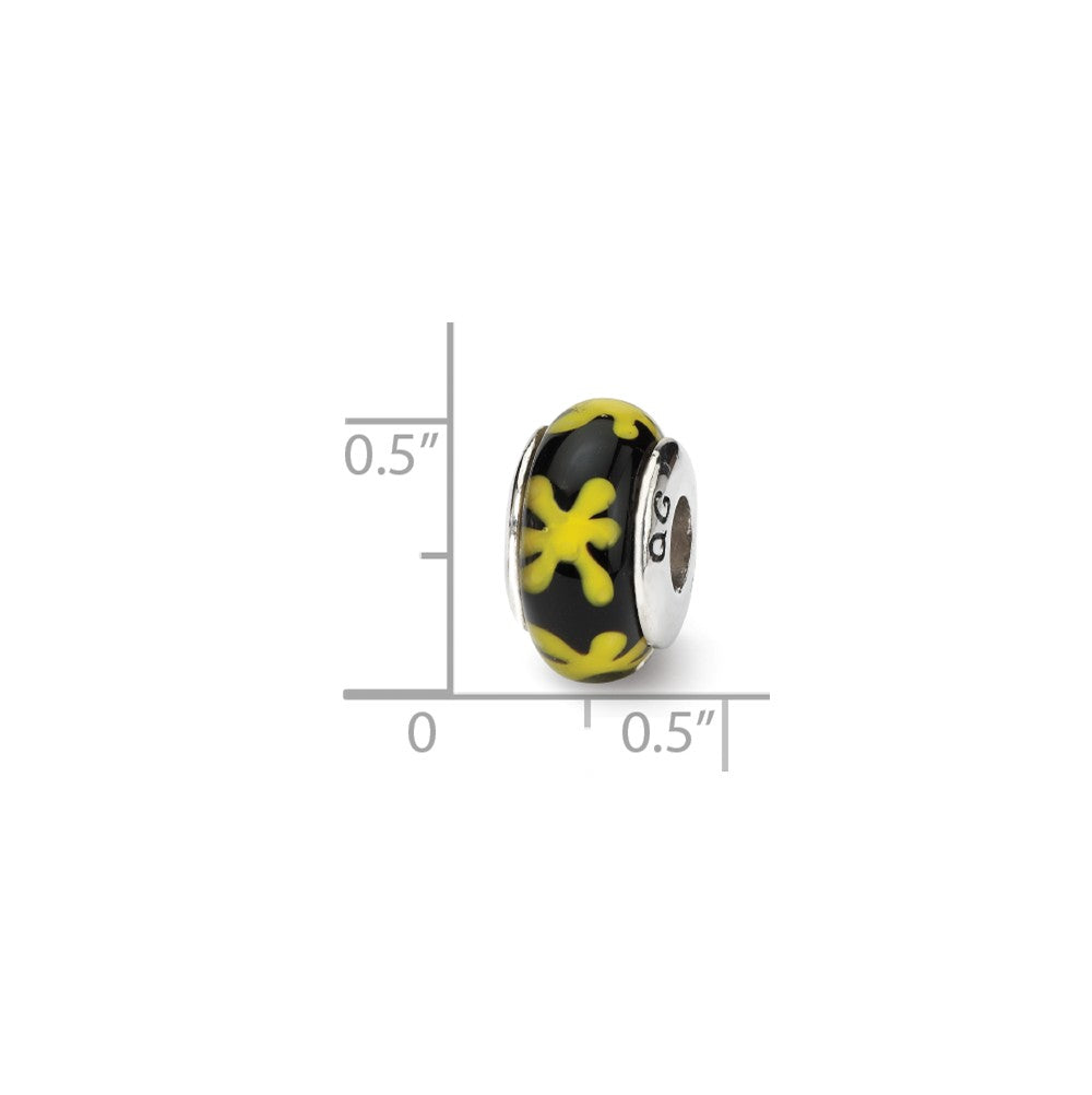 Alternate view of the Black &amp; Yellow Floral Glass Sterling Silver Bead Charm by The Black Bow Jewelry Co.