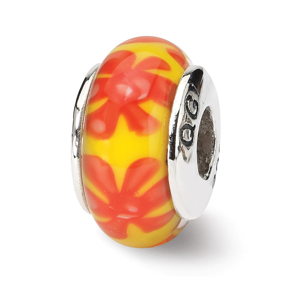 Yellow &amp; Orange Floral Glass Sterling Silver Bead Charm, Item B9229 by The Black Bow Jewelry Co.