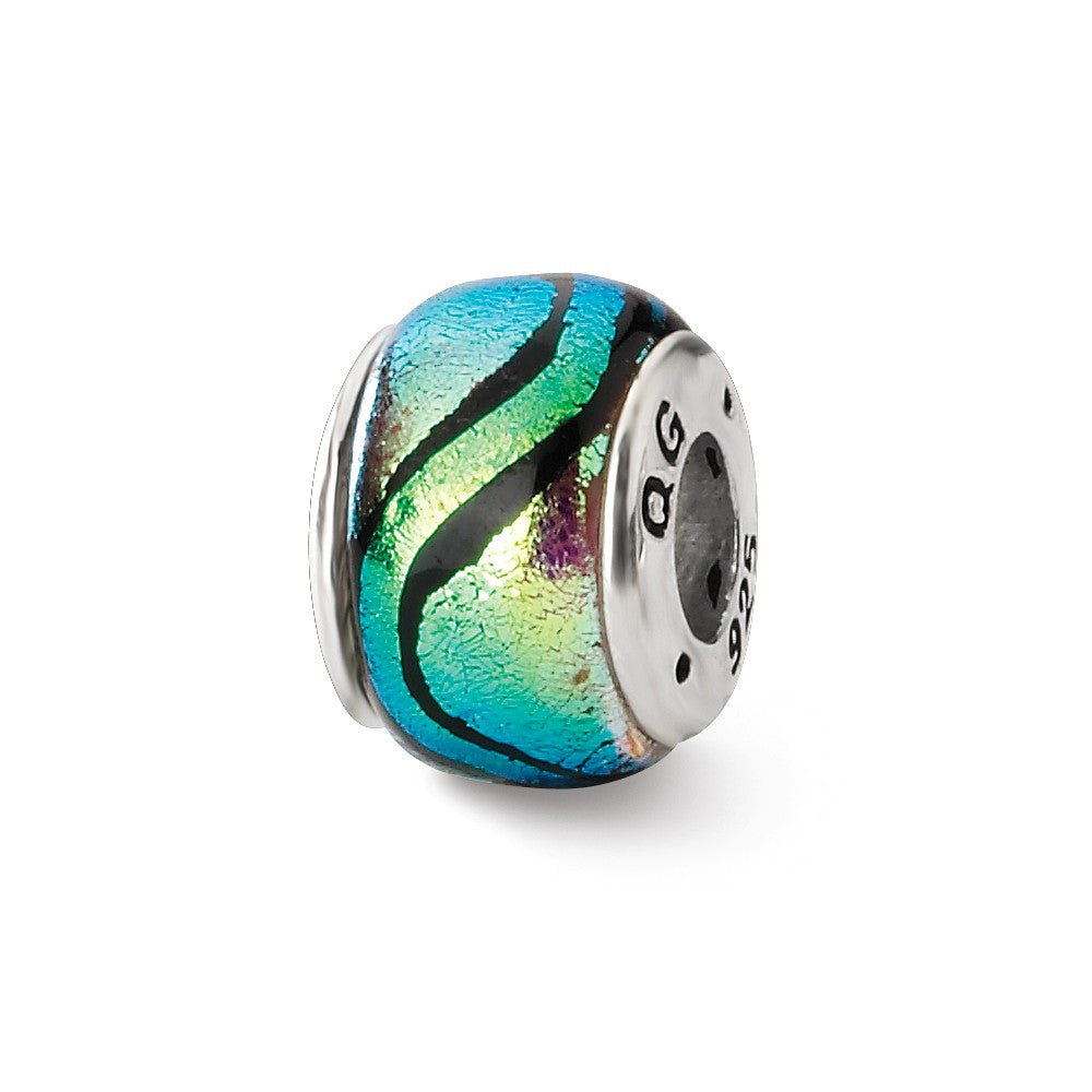 Blue Green Dichroic Glass Sterling Silver Bead Charm, Item B9502 by The Black Bow Jewelry Co.