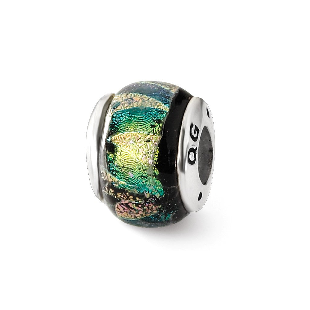 Green Hued Dichroic Glass Sterling Silver Bead Charm, Item B9513 by The Black Bow Jewelry Co.