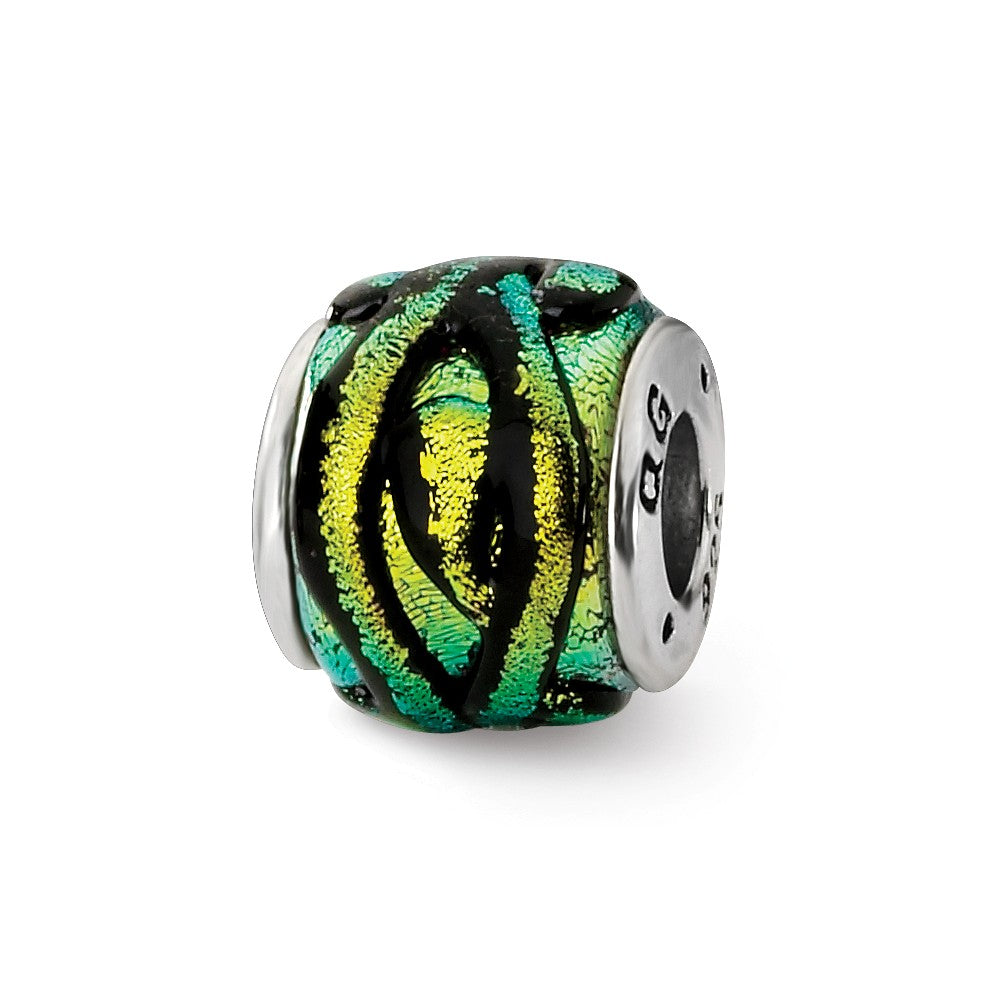 Dichroic Glass and Sterling Silver Yellow Striped Bead Charm, 14mm, Item B9517 by The Black Bow Jewelry Co.