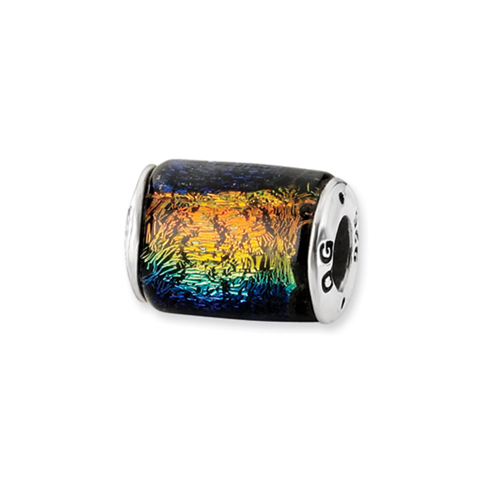Rainbow Dichroic Glass Barrel Sterling Silver Bead Charm, Item B9537 by The Black Bow Jewelry Co.