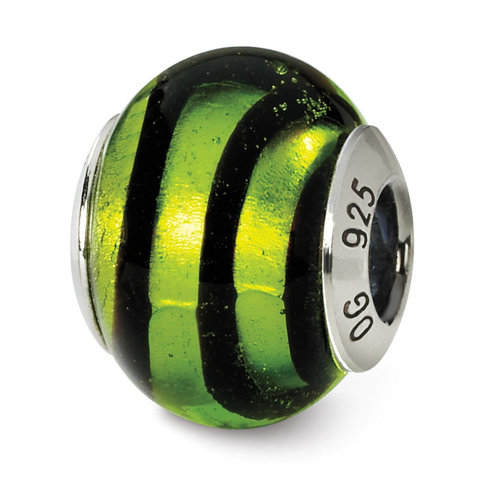 Sterling Silver, Green and Black Striped Murano Glass Bead Charm, Item B9548 by The Black Bow Jewelry Co.