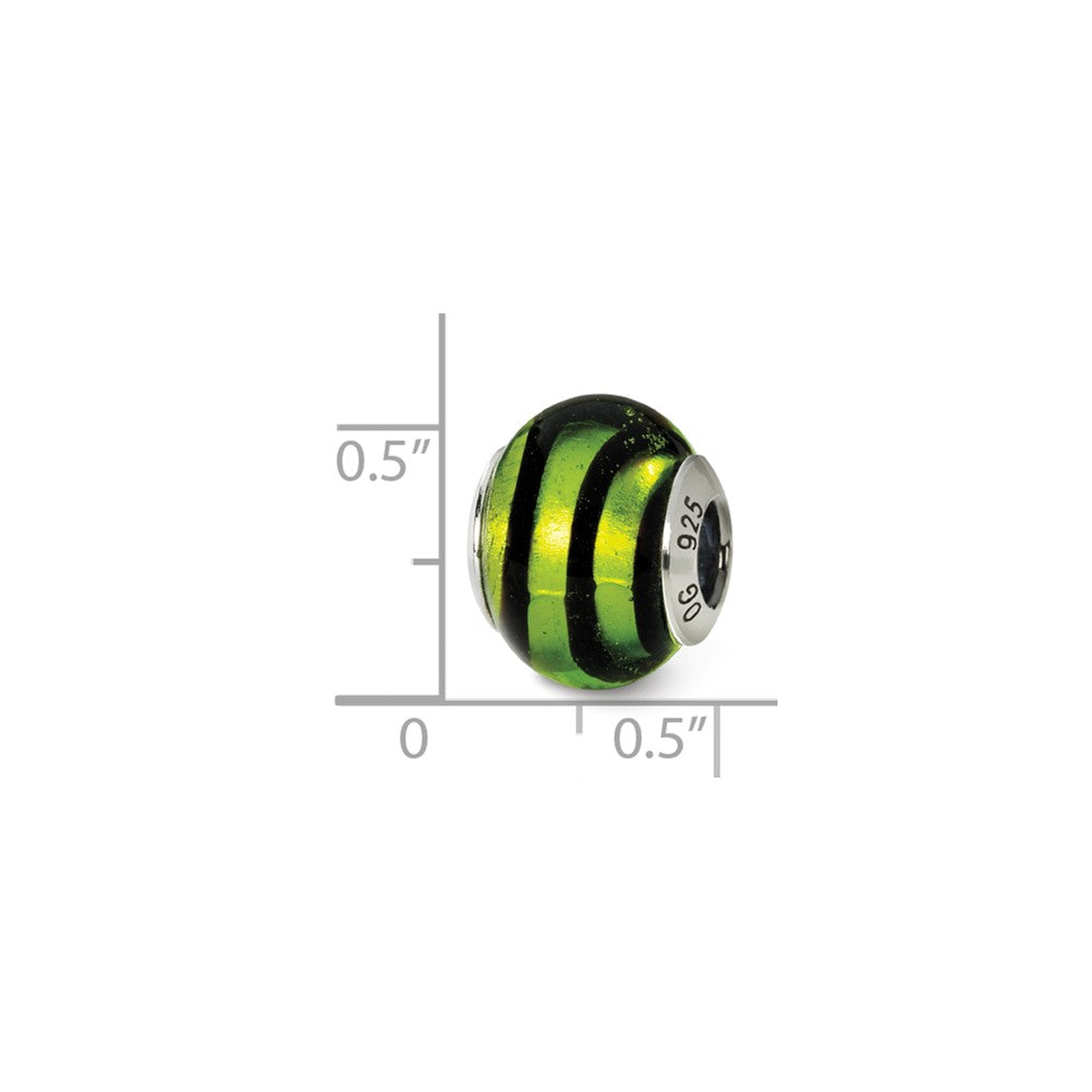 Alternate view of the Sterling Silver, Green and Black Striped Murano Glass Bead Charm by The Black Bow Jewelry Co.