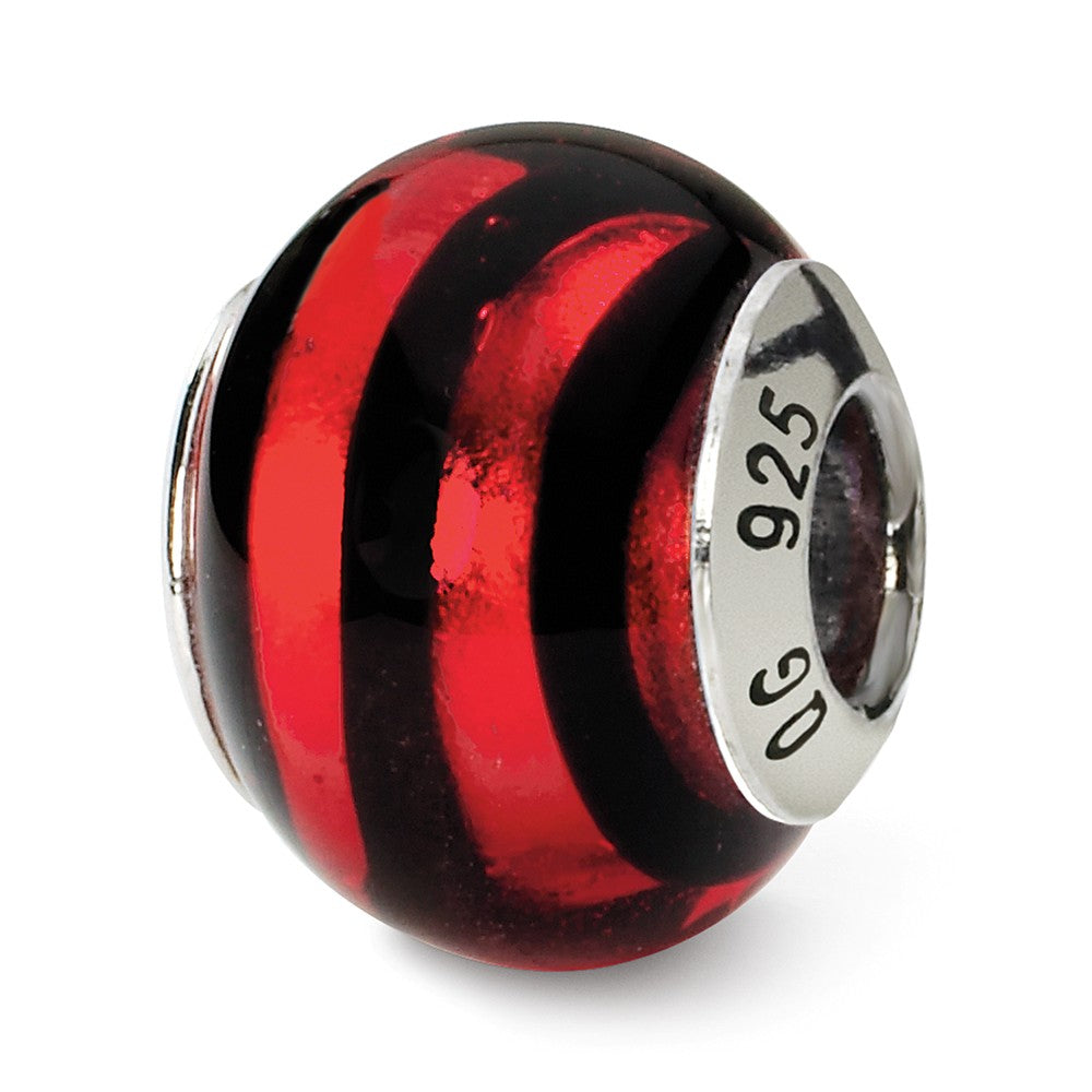 Sterling Silver, Red and Black Striped Murano Glass Bead Charm, Item B9549 by The Black Bow Jewelry Co.