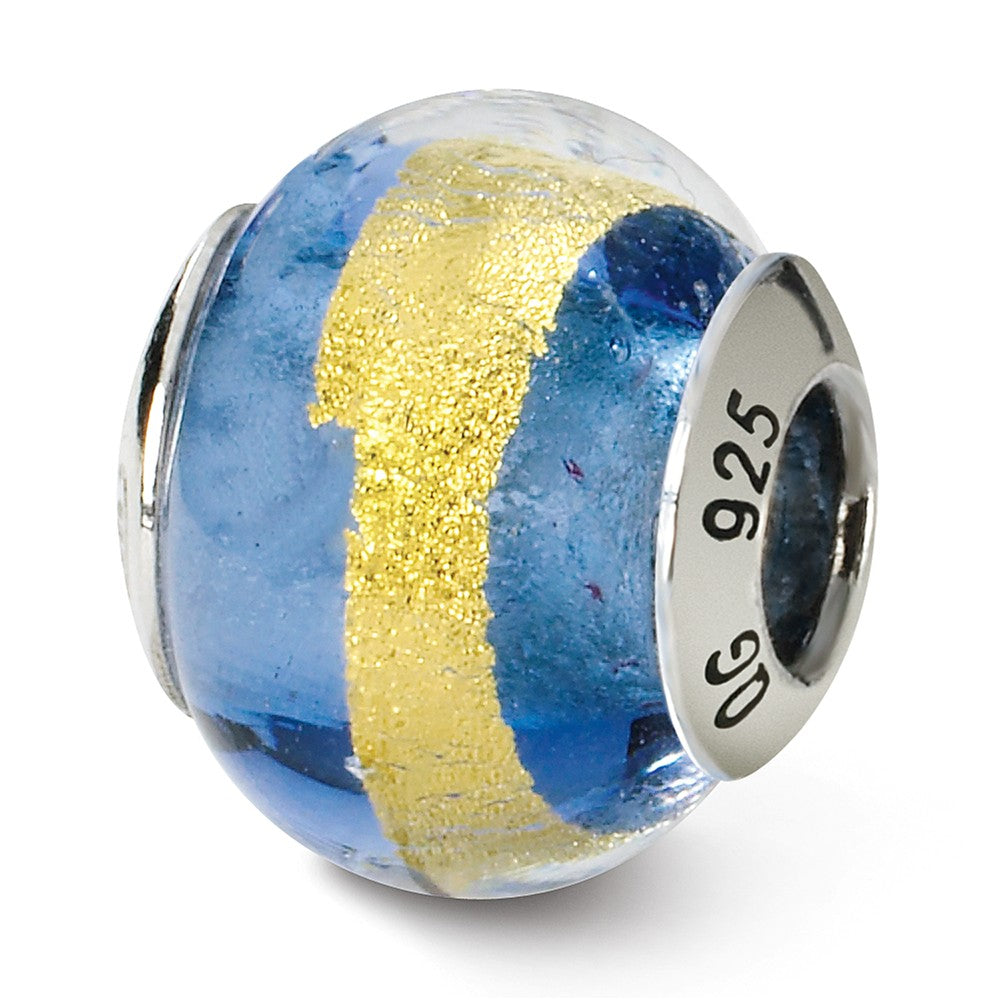 Sterling Silver, Blue and Yellow Striped Murano Glass Bead Charm, Item B9565 by The Black Bow Jewelry Co.