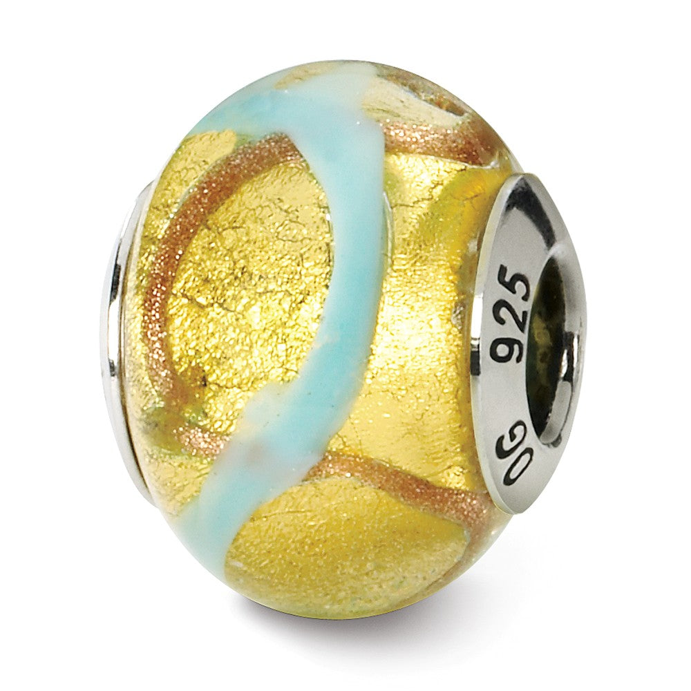 Sterling Silver, Yellow and Light Blue Swirl Murano Glass Bead Charm, Item B9571 by The Black Bow Jewelry Co.