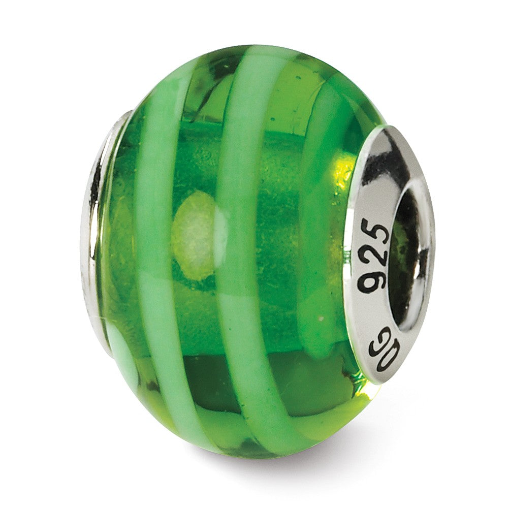 Sterling Silver, Green Striped Murano Glass Bead Charm, Item B9602 by The Black Bow Jewelry Co.