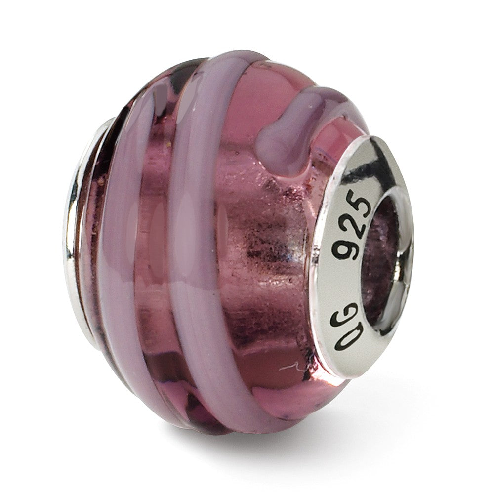 Sterling Silver, Pink and Purple Striped Murano Glass Bead Charm, Item B9603 by The Black Bow Jewelry Co.