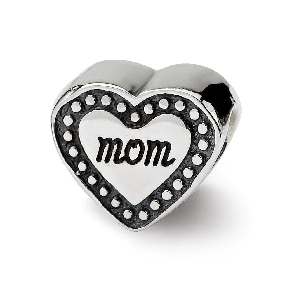 Sterling Silver Mom Heart Bead Charm, Item B9656 by The Black Bow Jewelry Co.