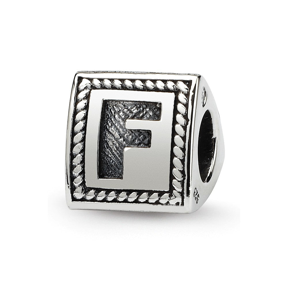 Triangle Block, Letter F Sterling Silver Bead Charm, Item B9716 by The Black Bow Jewelry Co.