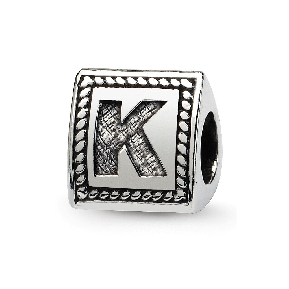 Triangle Block, Letter K Sterling Silver Bead Charm, Item B9721 by The Black Bow Jewelry Co.