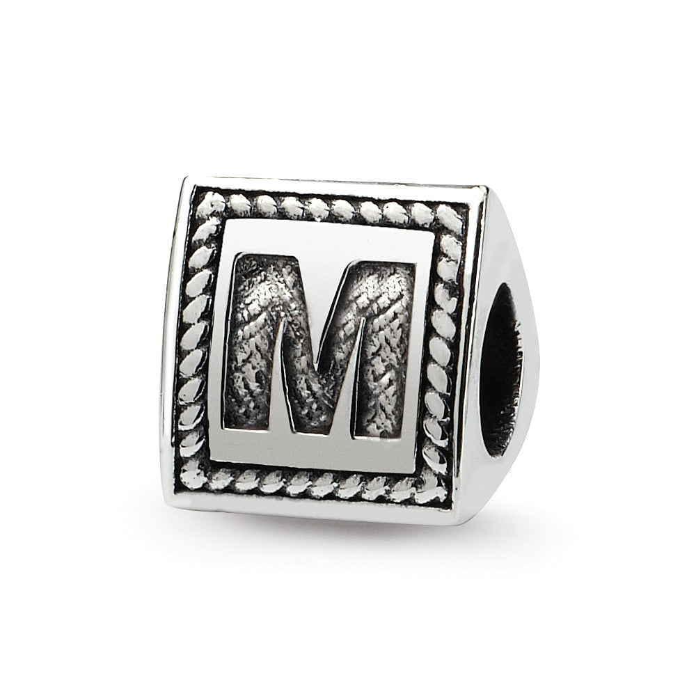 Triangle Block, Letter M Sterling Silver Bead Charm, Item B9723 by The Black Bow Jewelry Co.