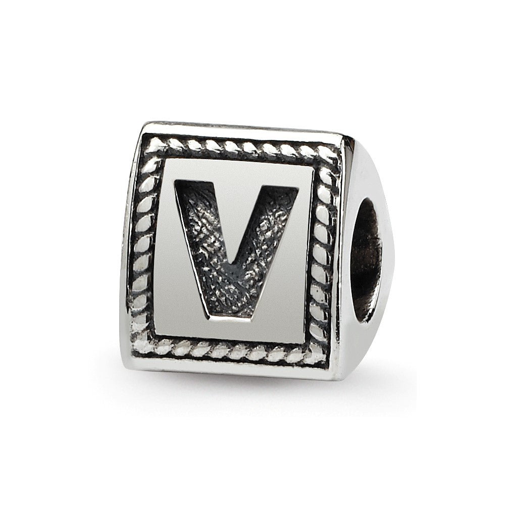Triangle Block, Letter V Sterling Silver Bead Charm, Item B9732 by The Black Bow Jewelry Co.