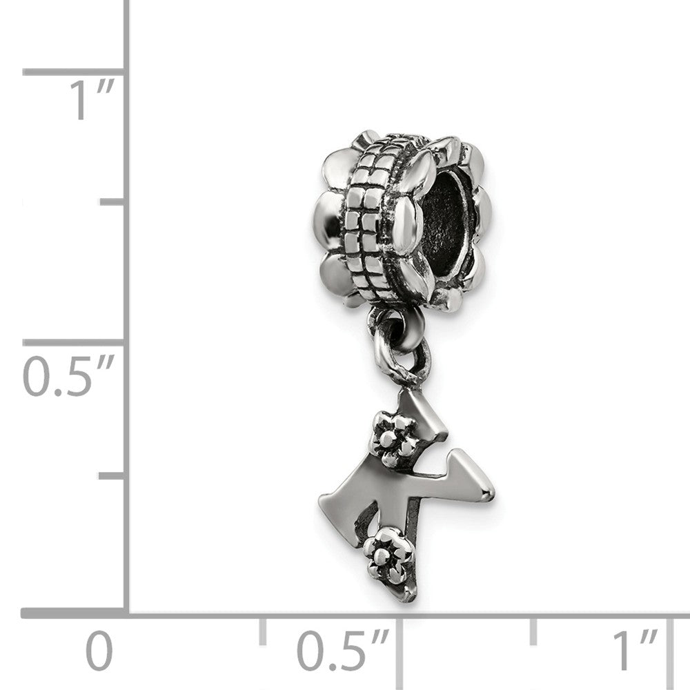 Alternate view of the Sterling Silver Letter K, Dangle Bead Charm by The Black Bow Jewelry Co.