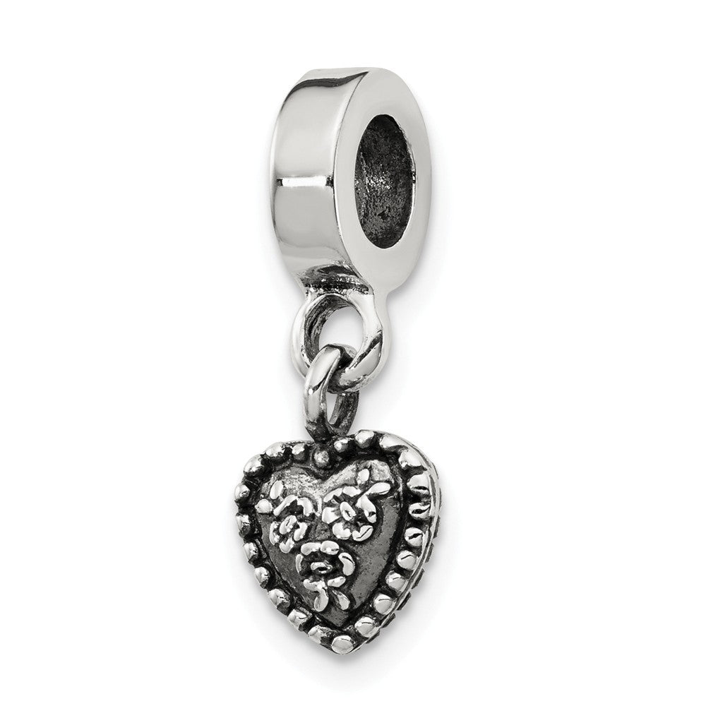 Sterling Silver Floral Heart Dangle Bead Charm, Item B9813 by The Black Bow Jewelry Co.