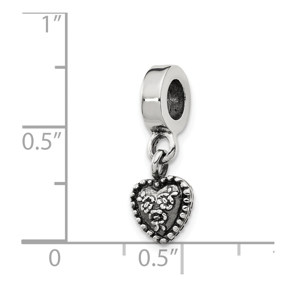 Alternate view of the Sterling Silver Floral Heart Dangle Bead Charm by The Black Bow Jewelry Co.