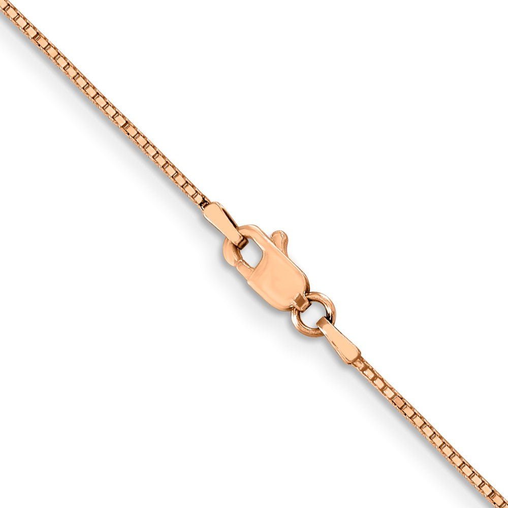 Alternate view of the 0.8mm 14k Rose Gold Solid Box Chain Lobster Claw Clasp Necklace by The Black Bow Jewelry Co.
