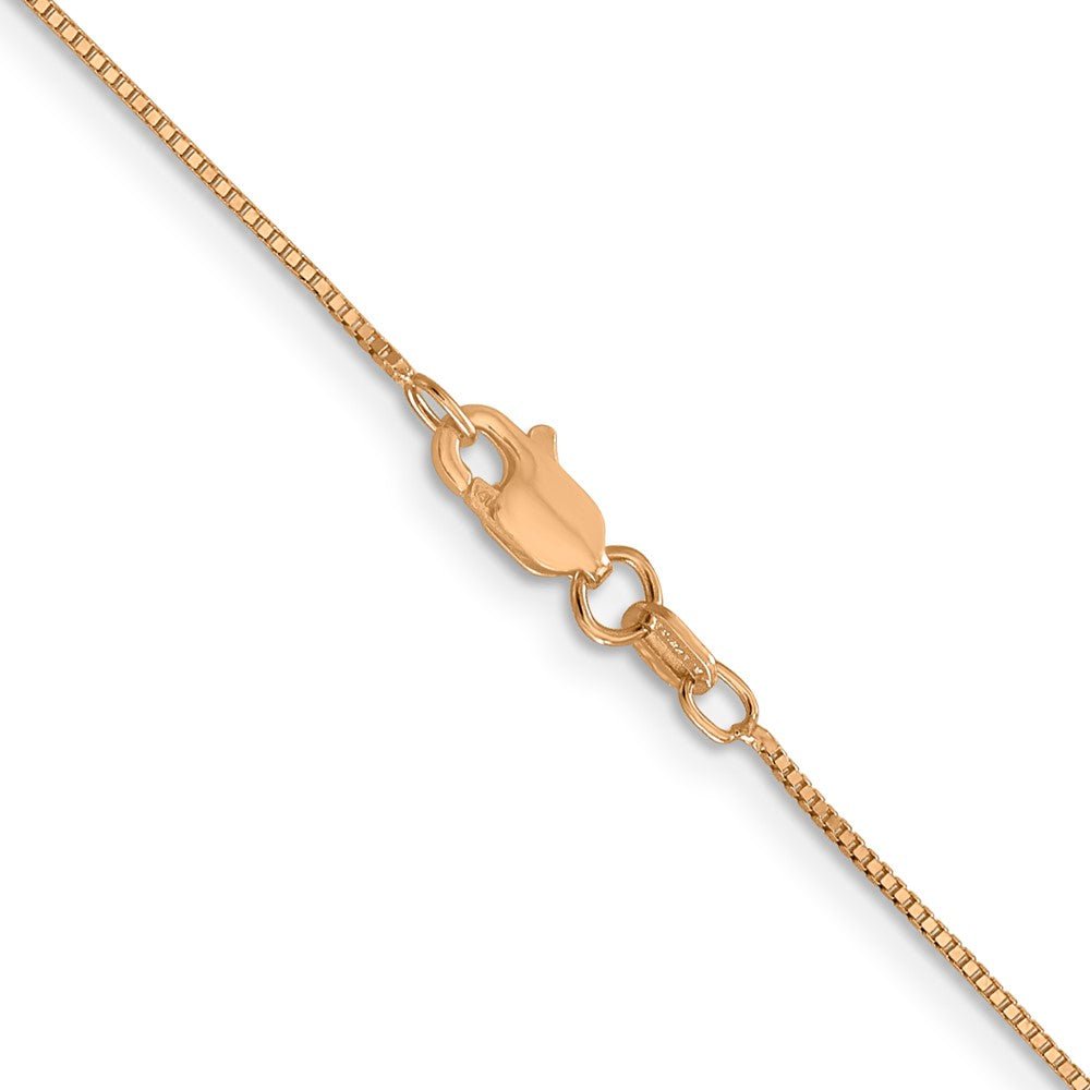 Alternate view of the 0.7mm 14k Rose Gold Solid Box Chain Lobster Claw Clasp Necklace by The Black Bow Jewelry Co.