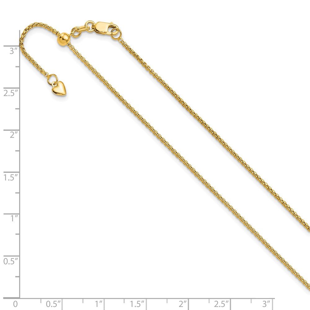 Alternate view of the 1.3mm 14K Yellow Gold Adjustable Round Box Chain Necklace by The Black Bow Jewelry Co.