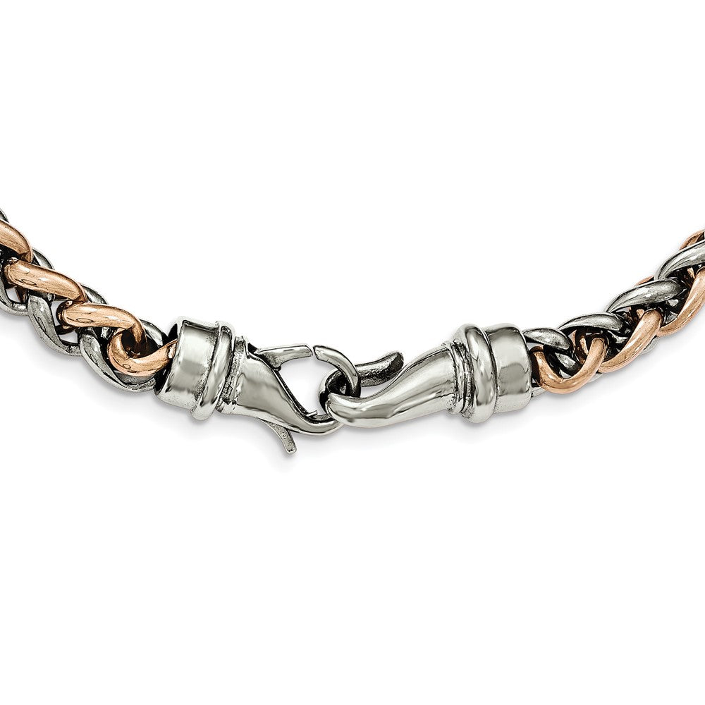 Alternate view of the 7mm Stainless Steel &amp; Rose Plated Spiga Chain Necklace, 24 Inch by The Black Bow Jewelry Co.