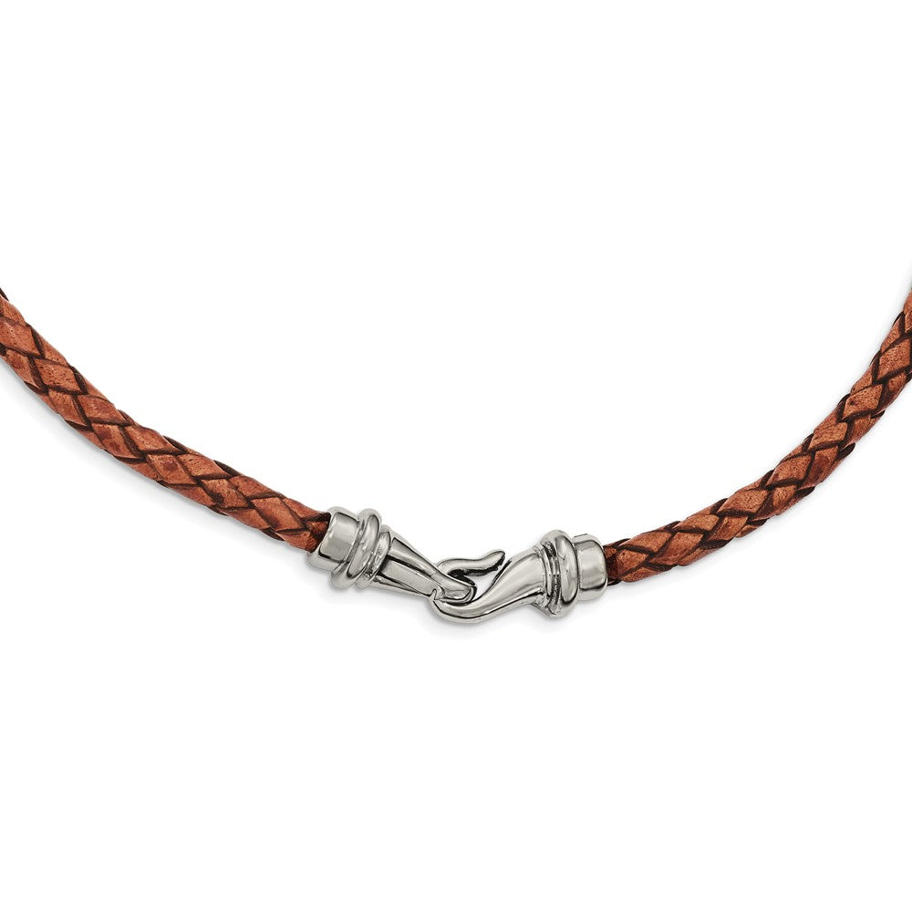 5mm Woven Brown Leather Stainless Steel Cord Chain Necklace, 19.5 Inch, Item C10851 by The Black Bow Jewelry Co.
