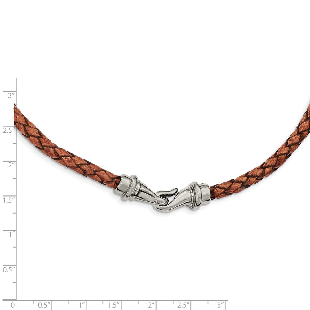Alternate view of the 5mm Woven Brown Leather Stainless Steel Cord Chain Necklace, 19.5 Inch by The Black Bow Jewelry Co.