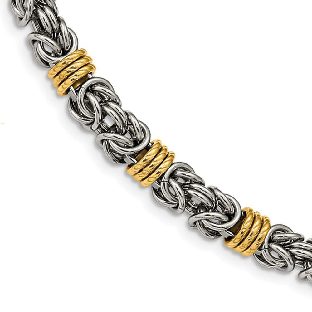 8.5mm Stainless Steel, Gold Tone Plated Byzantine Chain Necklace, 24in, Item C10859 by The Black Bow Jewelry Co.