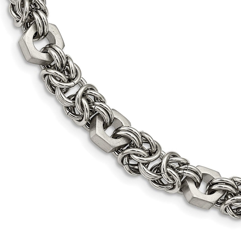 10mm Stainless Steel Fancy Byzantine Chain Necklace, 24 Inch, Item C10860 by The Black Bow Jewelry Co.