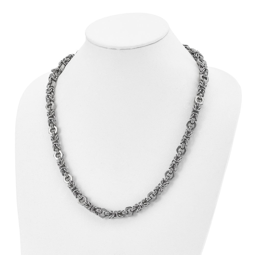 Alternate view of the 10mm Stainless Steel Fancy Byzantine Chain Necklace, 24 Inch by The Black Bow Jewelry Co.