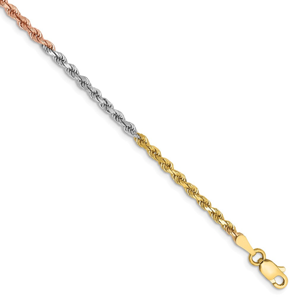2.5mm, 14k Tri-Color Gold, D/C Solid Rope Chain Bracelet