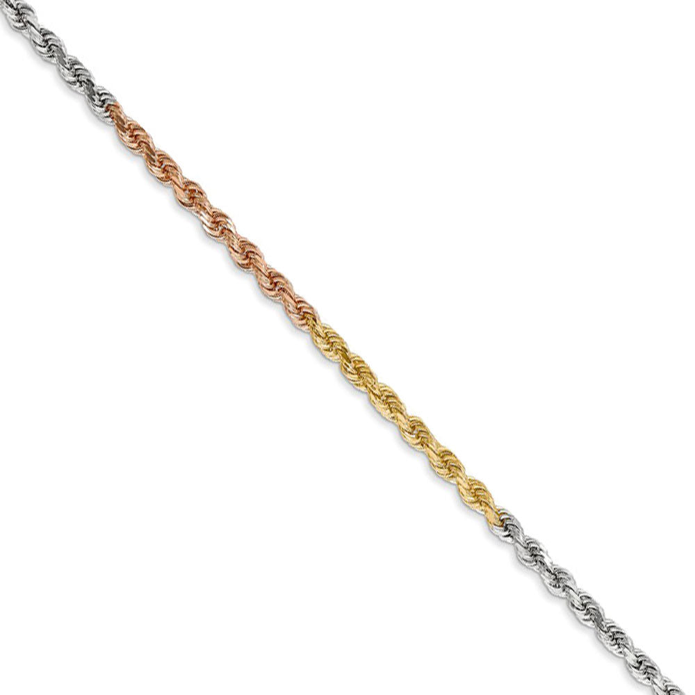 2.5mm, 14k Tri-Color Gold, D/C Solid Rope Chain Necklace