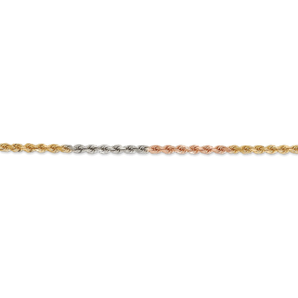 Alternate view of the 2.9mm, 14k Tri-Color Gold, D/C Solid Rope Chain Bracelet by The Black Bow Jewelry Co.