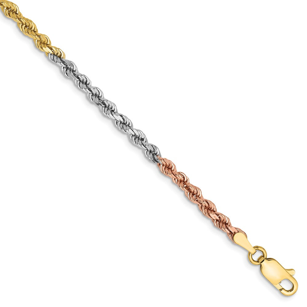 2.9mm, 14k Tri-Color Gold, D/C Solid Rope Chain Bracelet