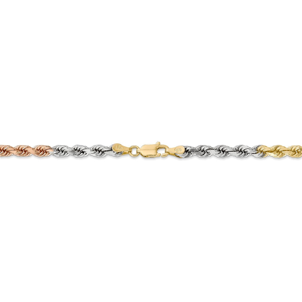 Alternate view of the 4mm, 14k Tri-Color Gold, D/C Solid Rope Chain Necklace by The Black Bow Jewelry Co.