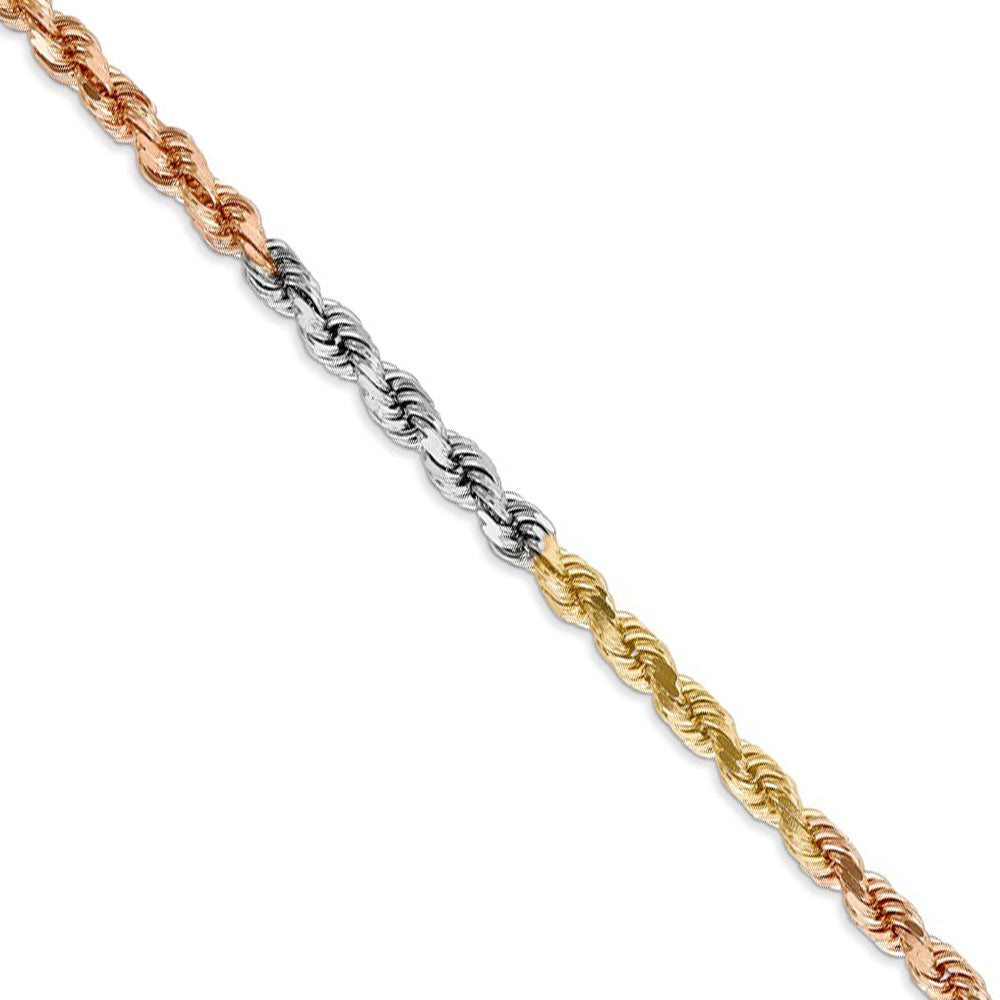 4mm, 14k Tri-Color Gold, D/C Solid Rope Chain Necklace