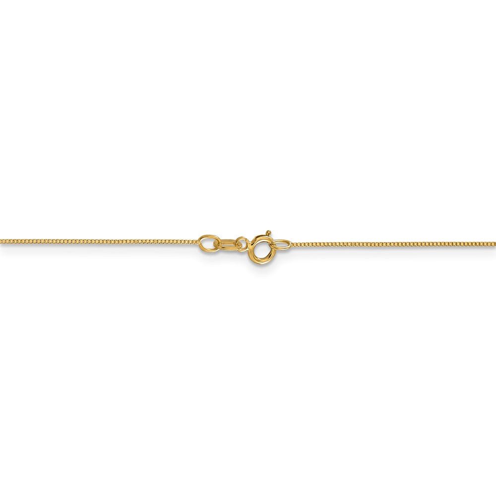 Alternate view of the 0.5mm, 14k Yellow Gold Solid Box Chain Necklace by The Black Bow Jewelry Co.