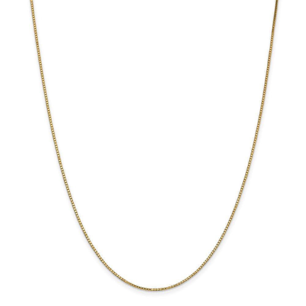 Alternate view of the 1.1mm, 14k Yellow Gold, Solid Box Chain Necklace by The Black Bow Jewelry Co.