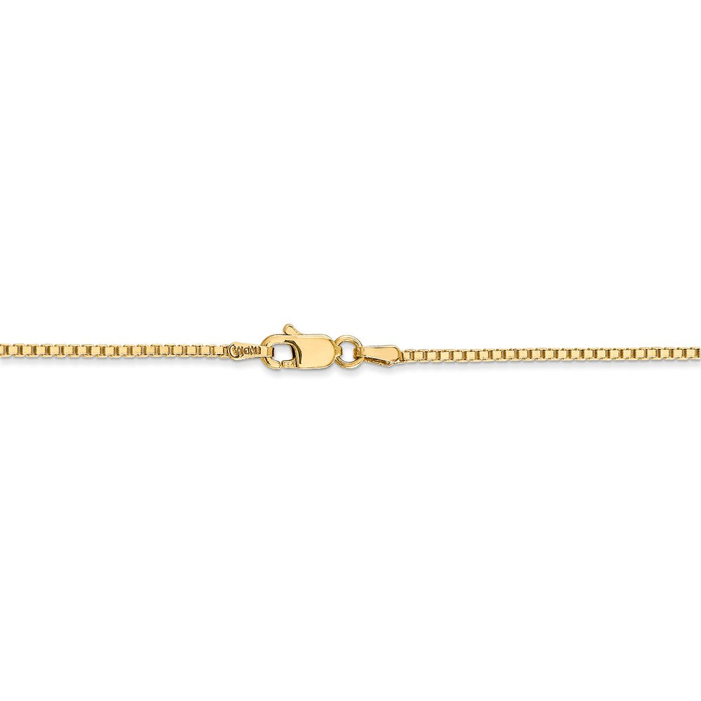 Alternate view of the 1.25mm, 14k Yellow Gold, Solid Box Chain Necklace by The Black Bow Jewelry Co.