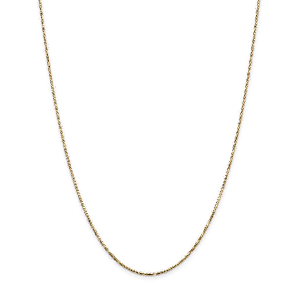 Alternate view of the 1.1mm, 14k Yellow Gold, Round Solid Snake Chain Necklace by The Black Bow Jewelry Co.