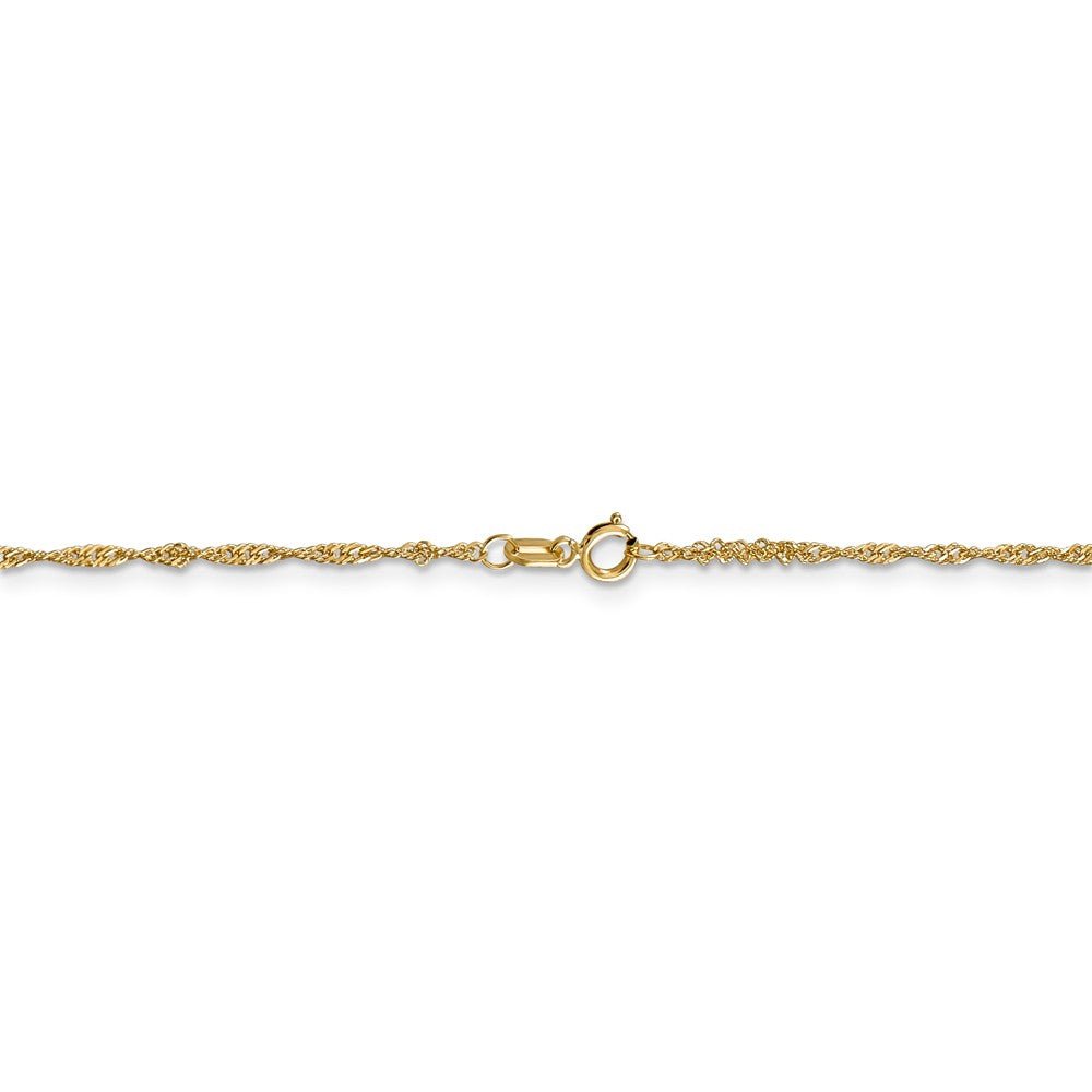 Alternate view of the 1.4mm, 14k Yellow Gold, Singapore Chain Anklet by The Black Bow Jewelry Co.