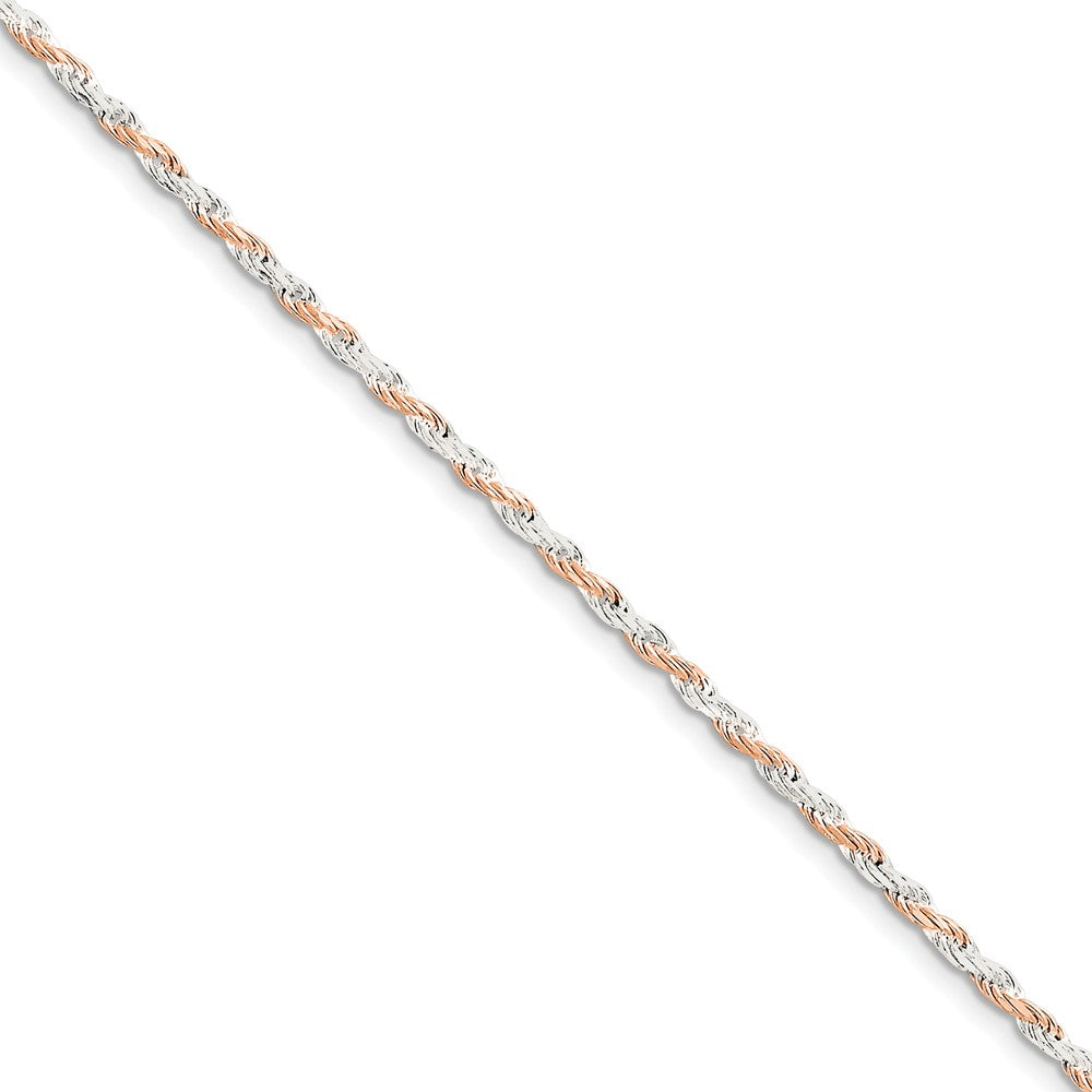 2.5mm Sterling Silver &amp; 10k Rose Plated D/C Rope Chain Bracelet